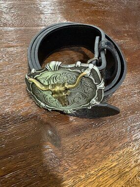 Black Paisley Western Blet with Longhorn Silver Antique Gold Buckle NEW Cowboy